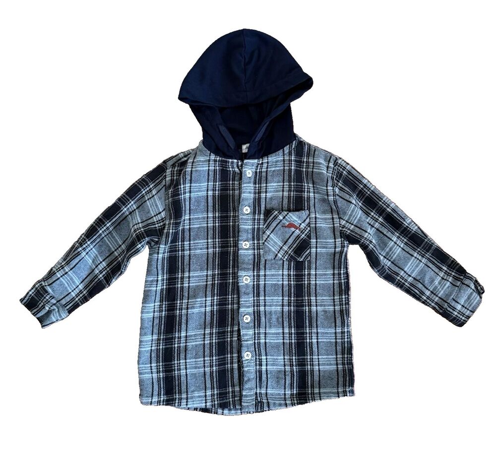 Tommy Bahama Boys Size 4 Blue Plaid Flannel Shirt Jacket Shacket Hooded Outdoors